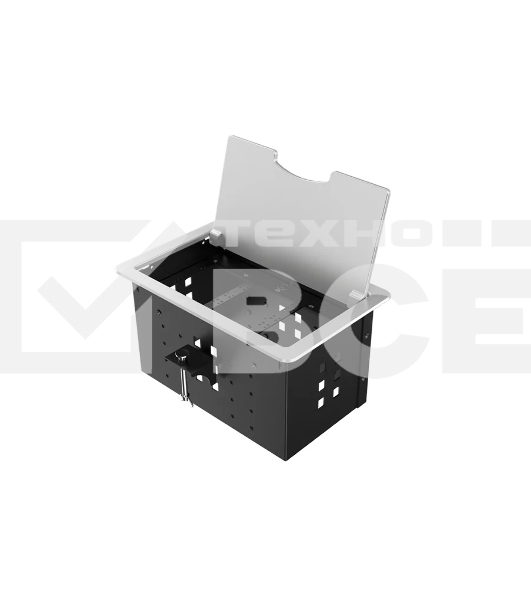Прямоугольный металлический корпус Wize Pro [WRTS-12BOX-S] для модульной системы врезного лючка в стол с откидывающейся крышкой, до12 модулей-вставок, беспроводная зарядка 10Вт для моб.устройств на крышке, преустановленная рамка,серебр.