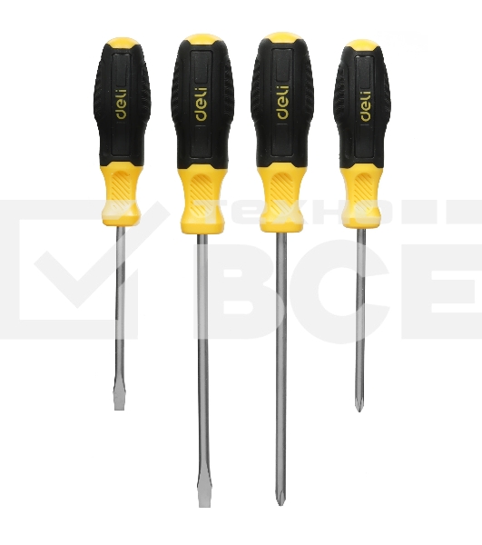 Набор отверток Deli DL630004N 4шт SL5x100 + SL6x150 + PH1x100 + PH2x150 сталь Cr-V, двухкомпонентная прорезиненная рукоять