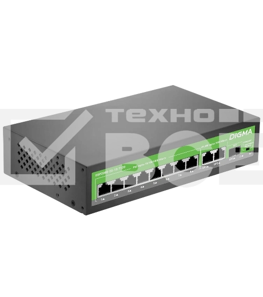 Коммутатор Digma DSP208G-2G-1S-T120 (L2) 10x1Гбит/с 1SFP 8PoE 8PoE+ 120W неуправляемый