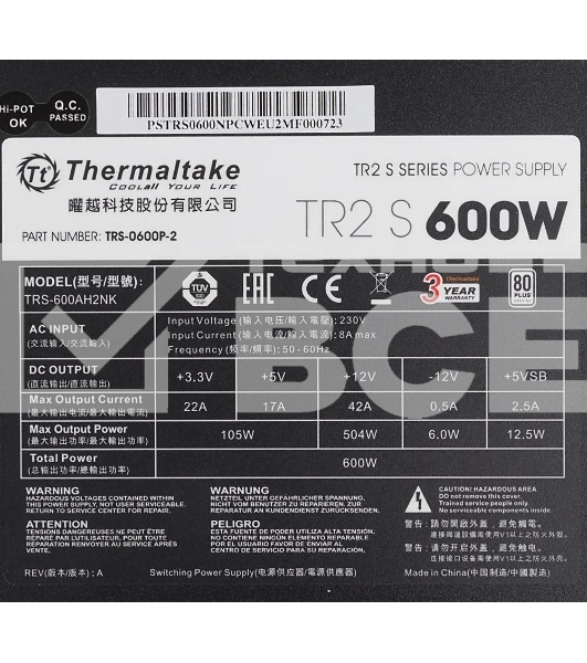 Блок питания Thermaltake TR2 S (PS-TRS-0600NPCWEU-2), 80 PLUS, 120мм, черный
