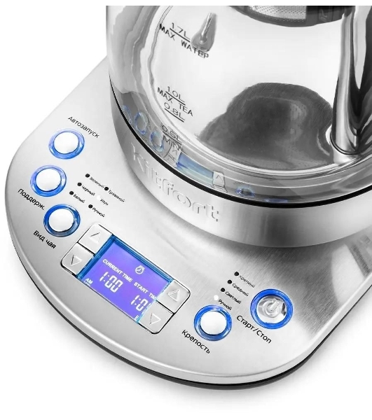 Чайник электрический Kitfort KT-6116 1.7 л, 2200 Вт, нержавеющая сталь/черный (корпус: стекло)