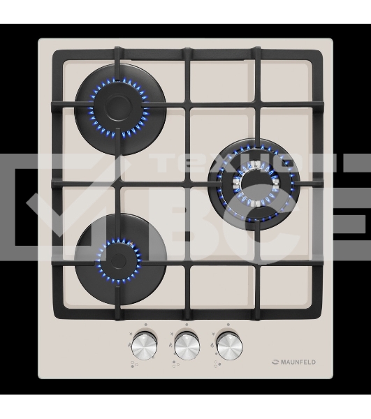 Газовая варочная панель Maunfeld EGHG.43.33CBG/G газ, ширина 45 см, 3 конфорки, WOK, чугунные решетки, газ-контроль, электроподжиг, бежевый