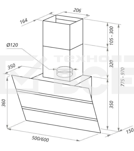 Вытяжка каминная Maunfeld Bridge 60 нержавеющая сталь/черное стекло, 60 см, 850 куб. м/ч, 51 дБ