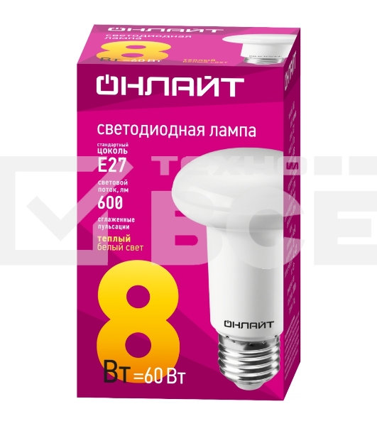 Лампа светодиодная ОНЛАЙТ 71653 OLL-R63-8-230-2.7K-E27 8 Вт 2700К тепл. белый E27 600 лм