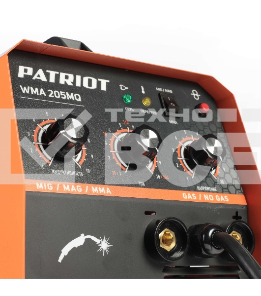 Полуавтомат сварочный инверторный PATRIOT WMA 205MQ MIG/MAG/MMA, полуавтоматическая сварка в среде газа (MIG/MAG) стальной и флюсовой проволокой 0.6/0.8 мм, сварка электродом (MMA) до 4мм, сварочный ток в режиме MIG: 40-200А; сварочный ток в режиме MMA: 4