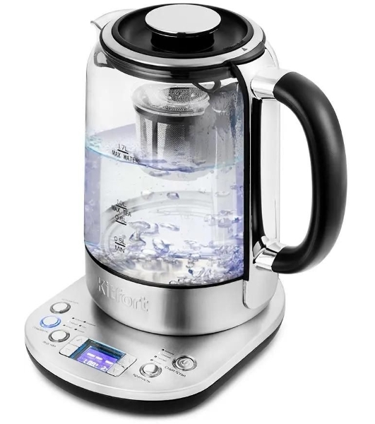 Чайник электрический Kitfort KT-6116 1.7 л, 2200 Вт, нержавеющая сталь/черный (корпус: стекло)