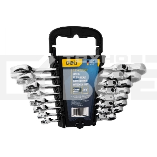 Набор комбинированных шарнирных ключей с трещоткой 8 шт Deli DL140208T Спецификация: 8,10,12,13,14,15,17,19мм. Сталь 40 Cr. Трещетка 50BV30 72Т.