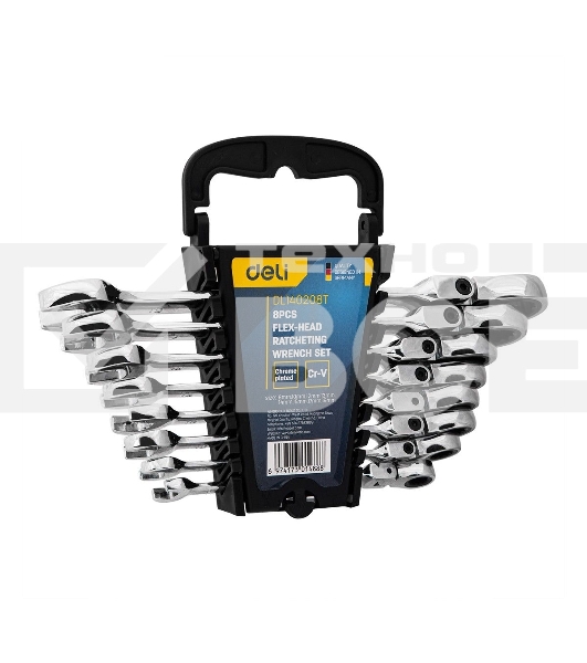 Набор комбинированных шарнирных ключей с трещоткой 8 шт Deli DL140208T Спецификация: 8,10,12,13,14,15,17,19мм. Сталь 40 Cr. Трещетка 50BV30 72Т.