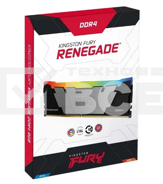 Оперативная память Kingston Fury Renegade, DDR4, 32GB (2x16GB), 3200MHz, CL16, с радиатором, RGB, серебристый/чёрный
