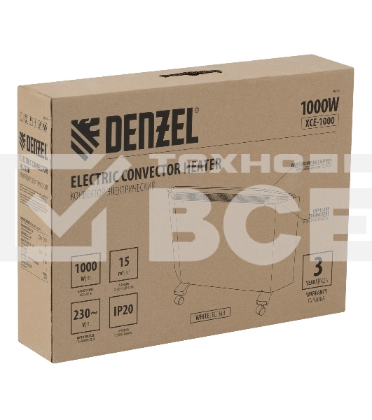 Конвектор Denzel XCE-1000 белый, 1000 Вт, 15 м2, термостат