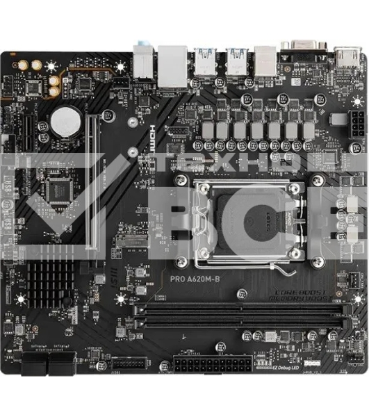 Материнская плата MSI PRO A620M-B, AM5, AMD A620, 2xDDR5, 4xSATA, 1xM.2 (PCIe 4.0 x4), 1xPCIe 4.0 x16, 1xPCIe 3.0 x1, 1xHDMI, 1xVGA, 1x2.5Gb LAN, 6xUSB-A 5Gbps, 6xUSB-A 2.0, 3x3.5 мм, 7.1, mATX