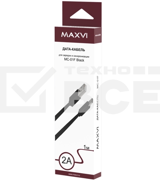 Кабель Maxvi MC-01F black USB-A - microUSB, 2A Плоский кабель, ток макс. нагрузки 2А, макс. напряжение 5V; стандарт USB 2.0; длина 1м, материал PVC, черный
