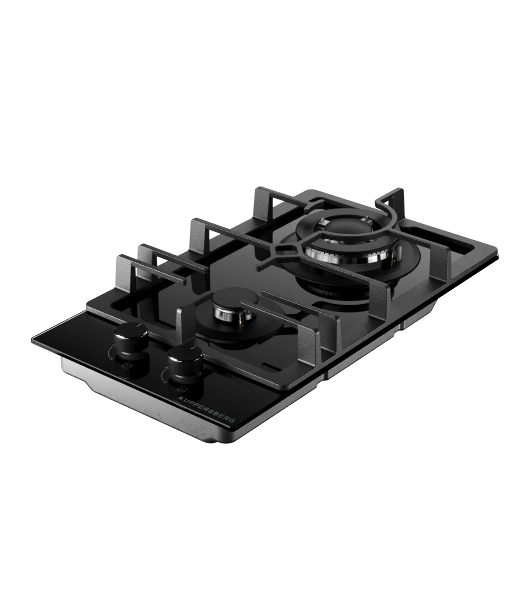 Варочная поверхность Kuppersberg FG 31 B, газ, High-Tech, 30 см, 2 конфорки, автоматический электроподжиг, газ-контроль, форсунки под сжиженый газ, SABAF конфорки, WOK конфорка, чугунные решетки, цвет черный, цвет фурнитуры черный