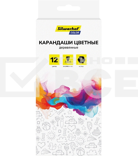 Карандаши цветные Silwerhof Color 2.8мм, шестигранный профиль, дерево, ассорти, 12 цветов, коробка с европодвесом