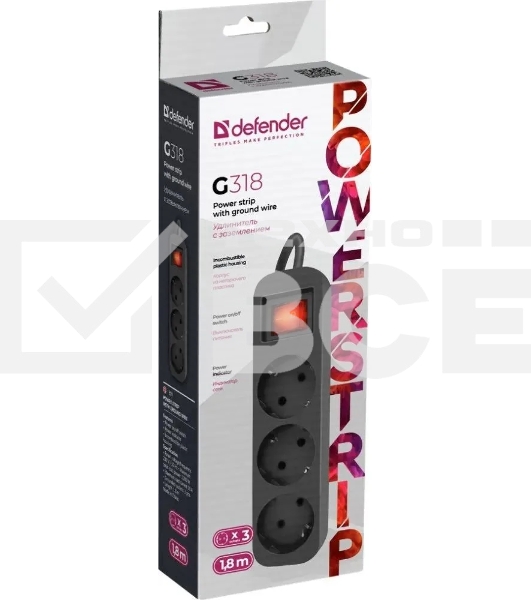 Удлинитель Defender G318 черный, 1.8 м, EURO, 3 розетки, 2200 Вт