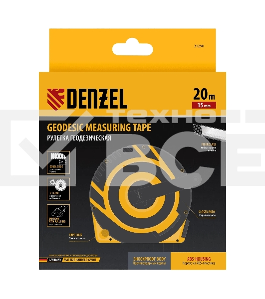 Рулетка геодезическая Denzel 20 м х 15 мм, закрытый корпус, фиберглассовая лента