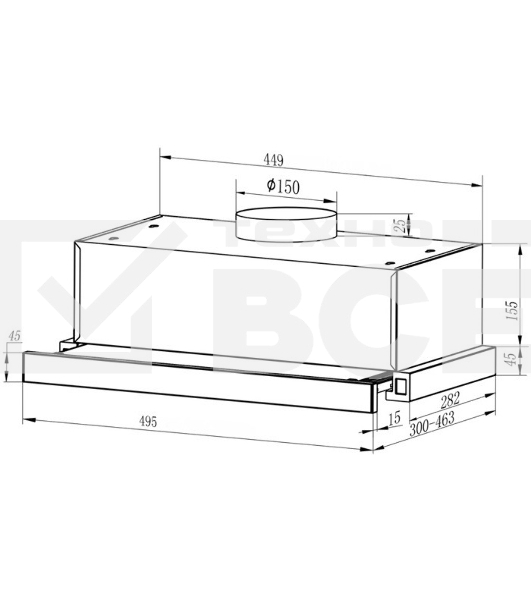Встраиваемая вытяжка Kuppersberg SLIMHIT 50 X телескопическая, 50 см, High-Tech, макс. Производительность 750 м3/ч, 2 скорости, механическое управление, светодиодное освещение, уровень шума 51 дБ,  нержавеющая сталь