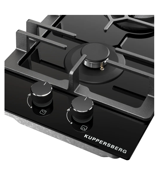 Варочная поверхность Kuppersberg FG 31 B, газ, High-Tech, 30 см, 2 конфорки, автоматический электроподжиг, газ-контроль, форсунки под сжиженый газ, SABAF конфорки, WOK конфорка, чугунные решетки, цвет черный, цвет фурнитуры черный