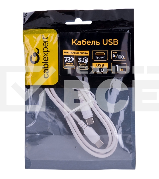 Кабель USB2.0 Cablexpert CC-USB2-CMCM-100-1M-W, Type-C/Type-C, 5A, 100Вт, PD/QC3.0, медь, 1м, белый, пакет