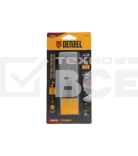 Сверло ступенчатое Denzel 6-8-10-12-14-16-18-20-22-24-26-28-30 мм, Р6М5К5, 6-гр. хвостовик 723614