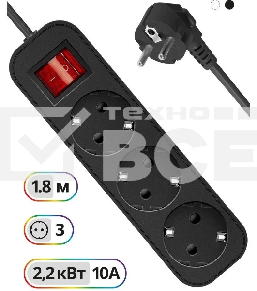 Удлинитель Defender G318 черный, 1.8 м, EURO, 3 розетки, 2200 Вт
