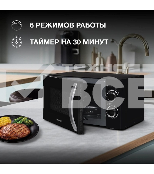Микроволновая печь Hyundai HYM-M2055 черный/серебристый, 20 л, 700 Вт, переключатели - поворотный механизм