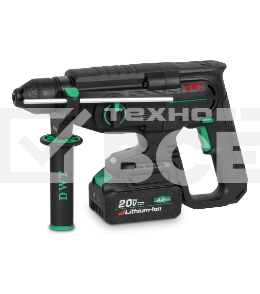 Перфоратор аккумуляторный DWT ABHP-20-26D-4C2 BMC/20В/2.8 Дж/до 5300 уд.в мин/до 1200 об.в мин/SDS-Plus/бесщеточный мотор/плавный пуск/реверс/LED-подсветка/2 АКБ, 4 А·ч/ЗУ/кейс/черный (ABHP-20-26D-4C2 BMC)