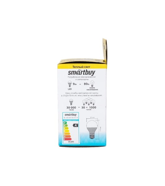 Светодиодная лампа Smartbuy-A60-09W/3000/E27. цоколь Е27, 9 Вт, 220 В, 30000 ч, 3000 К'