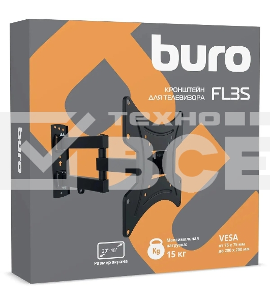 Кронштейн для телевизора Buro FL3S черный, 20'-48' макс. 15 кг, настенный, поворотно-выдвижной и наклонный