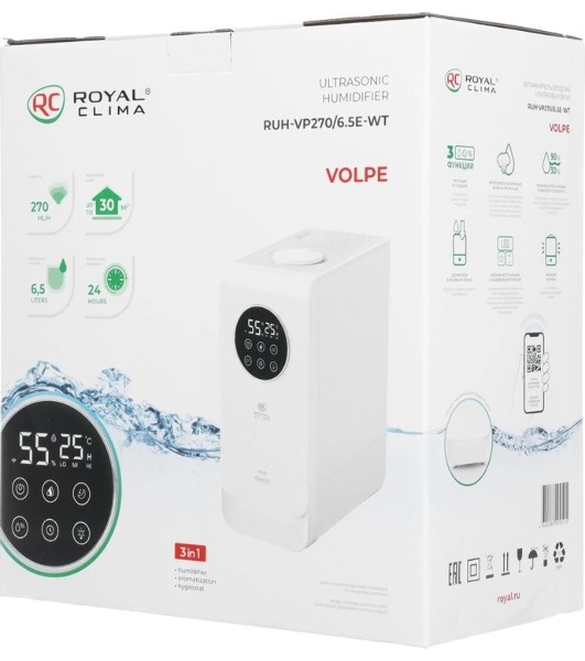 Увлажнитель воздуха Royal Clima VOLPE RUH-VP270/6.5E-WT белый, 30 м², 6.5 л, ультразвуковой, производительность 270 мл/ч, гигростат, ароматизация, управление по Wi-Fi (SmartLife), пульт ДУ