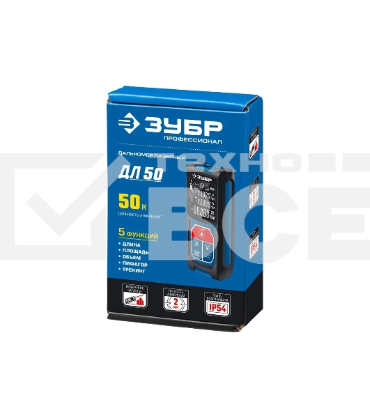 Дальномер лазерный 'ДЛ-50', точность 2 мм, дальность 50м, класс защиты IP54, ЗУБР Профессионал 34925