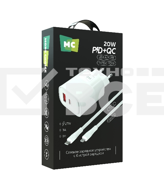 Сетевое зарядное устройство MORE CHOICE NC81i СЗУ 1USB+1Type-C 3.0A PD 20W+ QC3.0, белый
