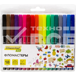 Фломастеры Silwerhof Eco 7.2мм 125мм, круглый корпус, вентилируемый колпачок, 18 цветов, пакет с европодвесом