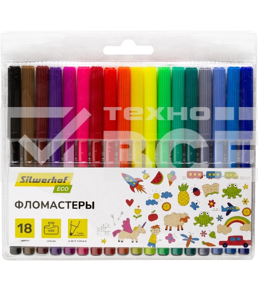 Фломастеры Silwerhof Eco 7.2мм 125мм, круглый корпус, вентилируемый колпачок, 18 цветов, пакет с европодвесом