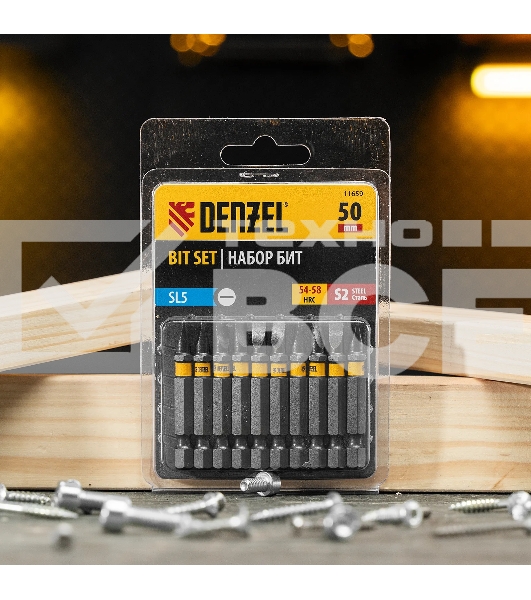 Набор бит Denzel SL5,0х50, сталь S2, шестигранный профиль, 10 шт.