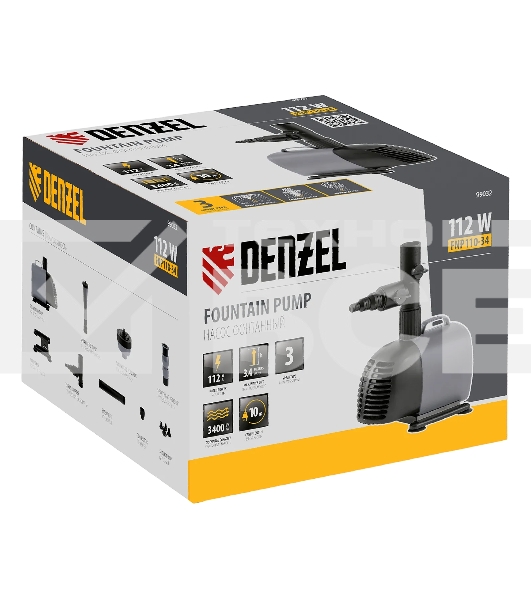 Насос фонтанный Denzel FNP110-34, 112 Вт, подъем 3,4 м, 3400 л/ч, колокольчик/каскад/гейзер