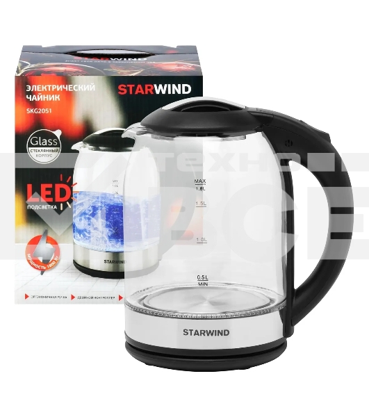 Чайник электрический Starwind SKG2051 1.8л. 1800Вт черный/серебристый (корпус: стекло)