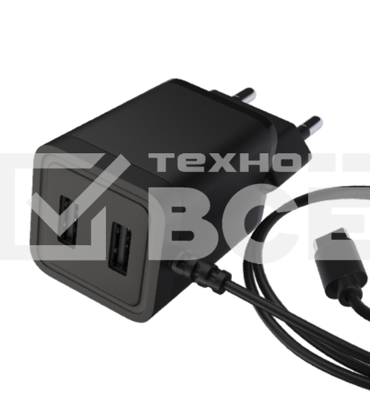 Сетевое зарядное устройство Maxvi A202T 2хUSB 2А 10W + литой кабель Type-C 1.2м, черный