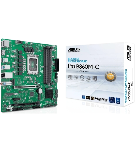 Материнская плата ASUS PRO B860M-C-CSM, LGA 1851, Intel B860, 4xDDR5, 4xSATA, 2xM.2, 1xPCIe 5.0 x16, 1xPCIe 4.0 x16, 1xPCIe 3.0 x1, 1xHDMI, 2xDP, 1x1Gb LAN, 1xUSB-C 10Gbps, 1xUSB-A 10Gbps, 2xUSB-A 2.0, 3x3.5 мм, 7.1, mATX