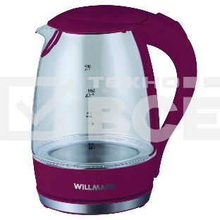 Чайник электрический Willmark WEK-1708G (1.7л, 360 град., LED-подсв., стекло, 2200Вт)Бордовый