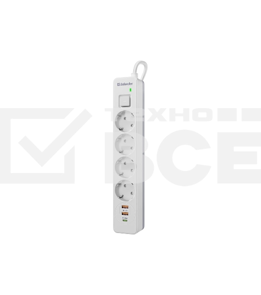 Удлинитель с сетевым фильтром Defender DFS 141, белый, 4розетки, USB+TypeC, 1.5 м.