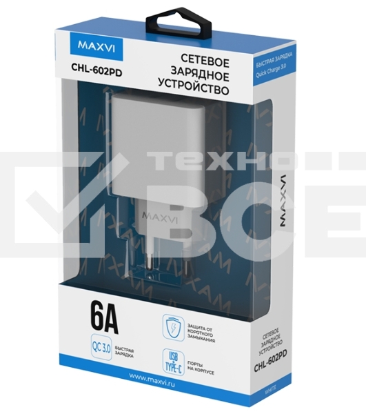 Сетевое зарядное устройство Maxvi CHL-602PD 30W, 6A, QC 3.0, 1xUSB-A, 1xUSB-C, белый