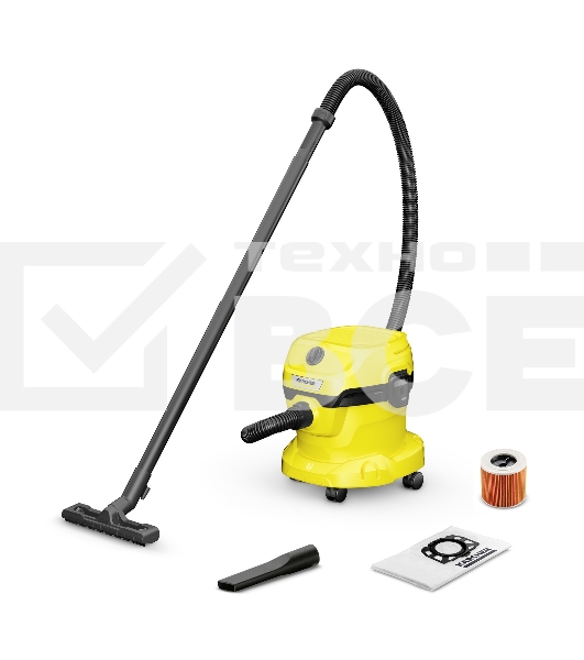 Хозяйственный пылесос Karcher WD 2 Plus V-12/6/18/C желтый, 1000 Вт, уборка сухая/влажная, пылесборник мешок/контейнер, 12 л