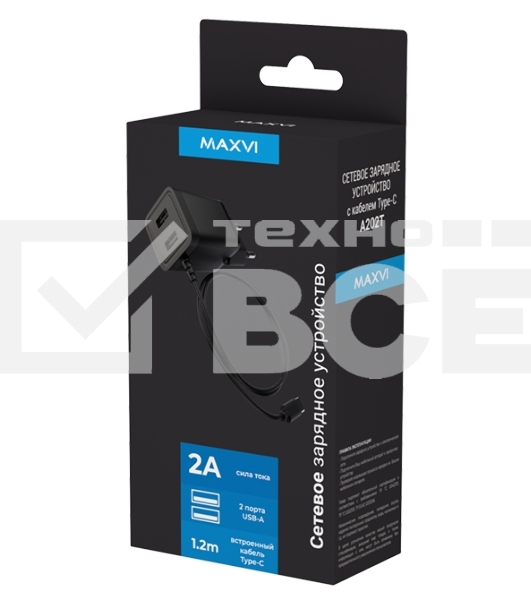Сетевое зарядное устройство Maxvi A202T 2хUSB 2А 10W + литой кабель Type-C 1.2м, черный