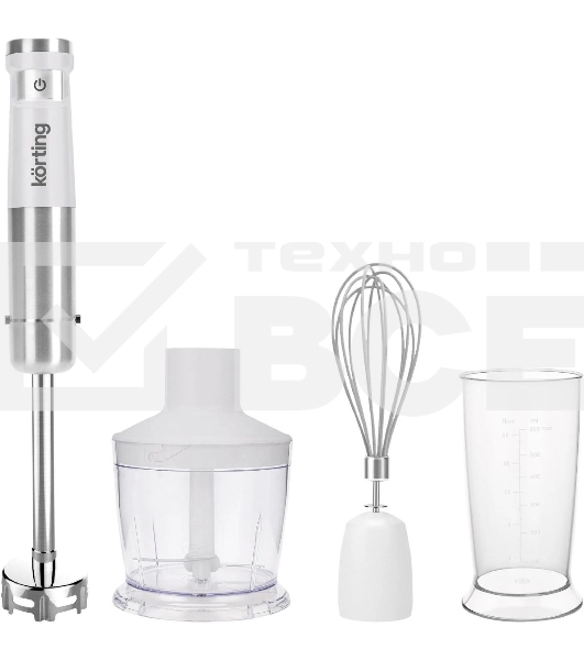 Погружной блендер KORTING KHB 0313 W, беспроводной, мощность 150 Вт, кнопочное управление, 3 насадки (блендер, измельчитель, миксер), 5 скоростей, объем чаши 500 мл, защита двигателя от перегрева/перегрузки, цвет белый