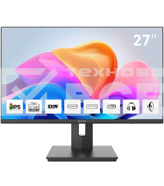Монитор 27' Aiwa MQ275A IPS 2560x1440, 100 Гц, 4 мс, 16:9, 300 кд/м², HDMI 2.0, DP 1.2, USB-C (15 Вт), 3.5 Jack, динамики (2x3 Вт), FreeSync, G-Sync, черный