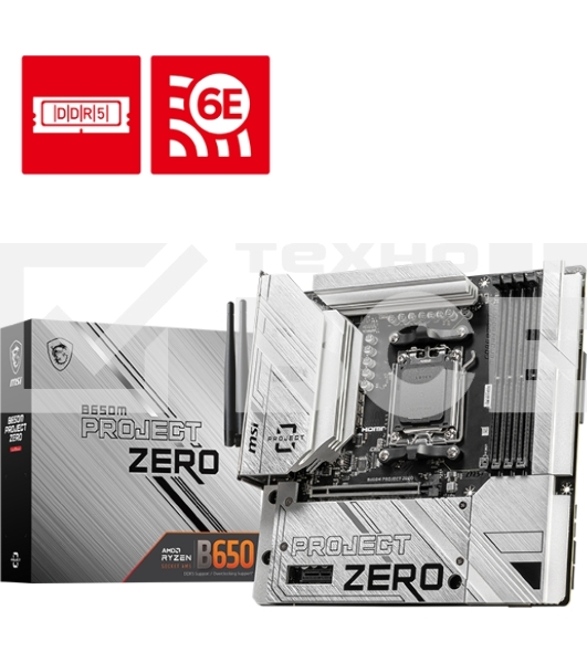 Материнская плата MSI B650M PROJECT ZERO, AM5, AMD B650, 4xDDR5, 4xSATA, 2xM.2, 1xPCIe 4.0 x16, 1xPCIe x1, 1xDP, 1xHDMI, 1x 2.5Gb LAN, 2xUSB-A 2.0, 2xUSB 3.2 Gen 1, 3xUSB 3.2 Gen 2, 3x3.5 мм, 7.1, mATX