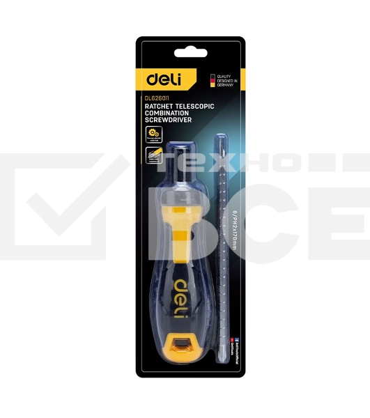 Двухсторонняя отвертка с трещеткой Deli DL626011 PH2+SL6x180 мм 6/PH2x180мм. Материал биты: Cr-V. Общая длина: 180-230 мм. Диаметр хвостовика: 6,3 мм.