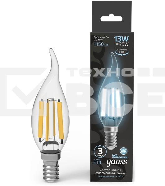 Лампа филам. Gauss Filament 13Вт цок.:E14 свеча св.свеч.бел.нейт. (упак.:10шт) (104801213)