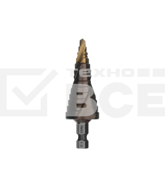 Сверло ступенчатое Denzel 6-8-10-12-14-16-18-20-22-24-26-28-30 мм, Р6М5К5, 6-гр. хвостовик 723614